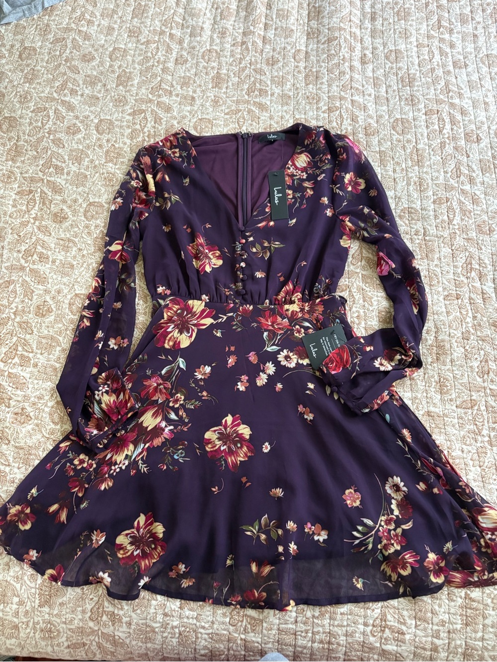 Lulu's Plum Floral Long Sleeve V-Neck Dress